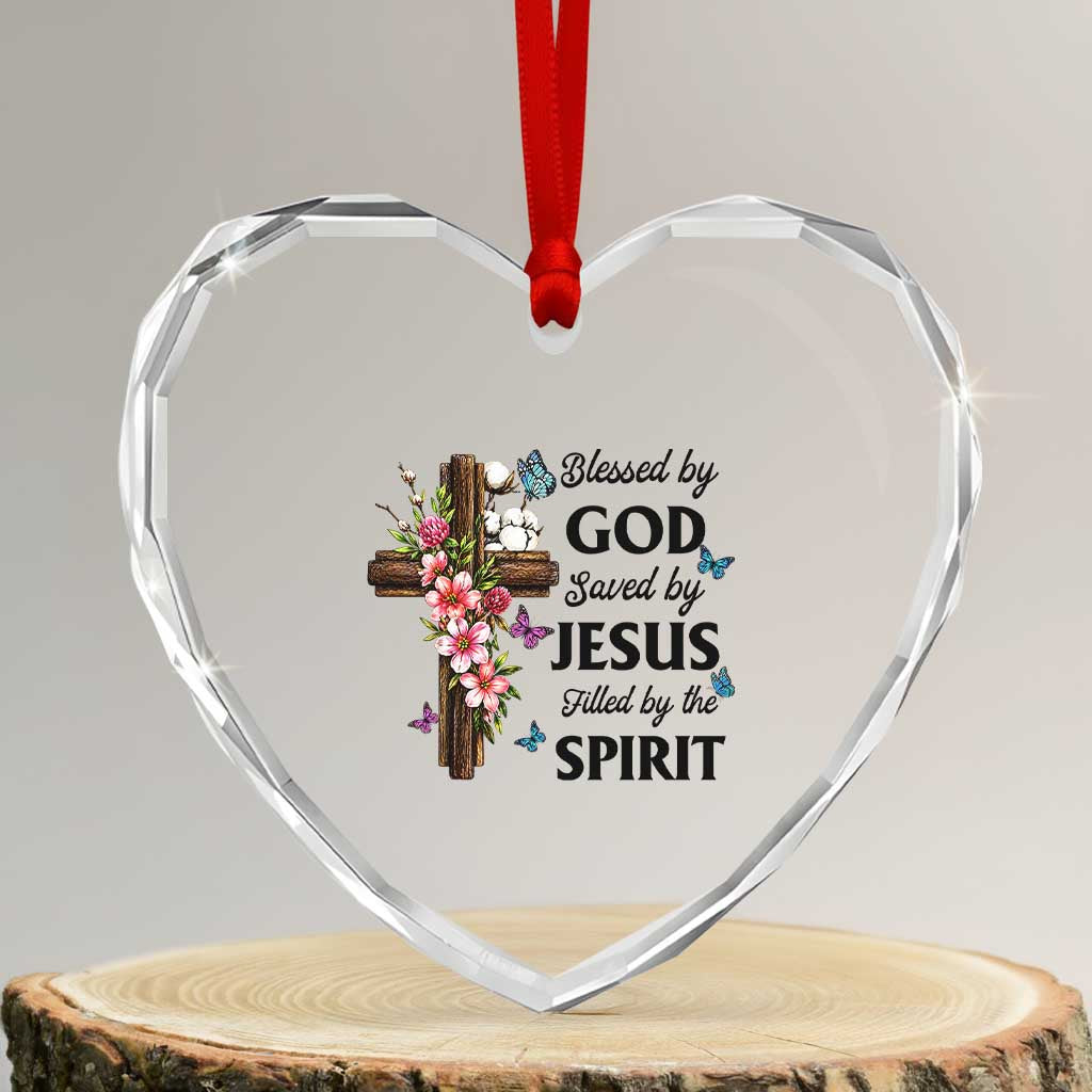 Blessed By God Saved By Jesus Heart Crystal Glass Ornament Floral Cross Christian Faith Inspirational