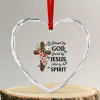 Blessed By God Saved By Jesus Heart Crystal Glass Ornament Floral Cross Christian Faith Inspirational