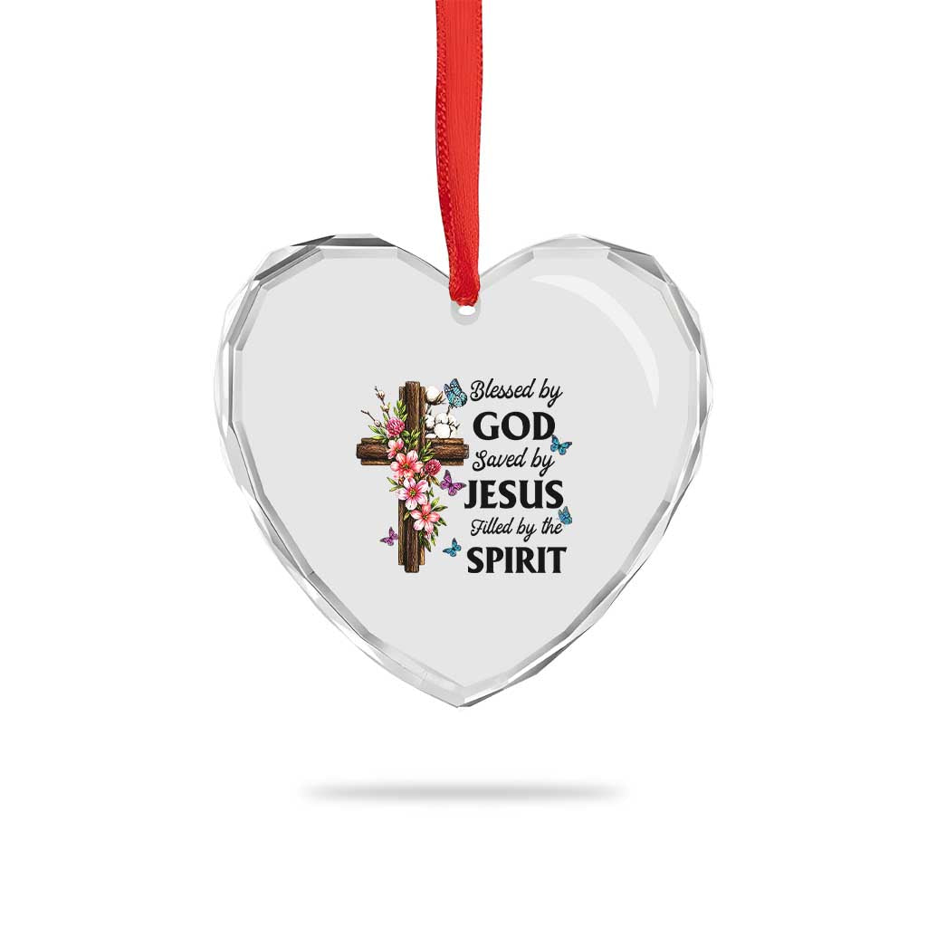 Blessed By God Saved By Jesus Heart Crystal Glass Ornament Floral Cross Christian Faith Inspirational