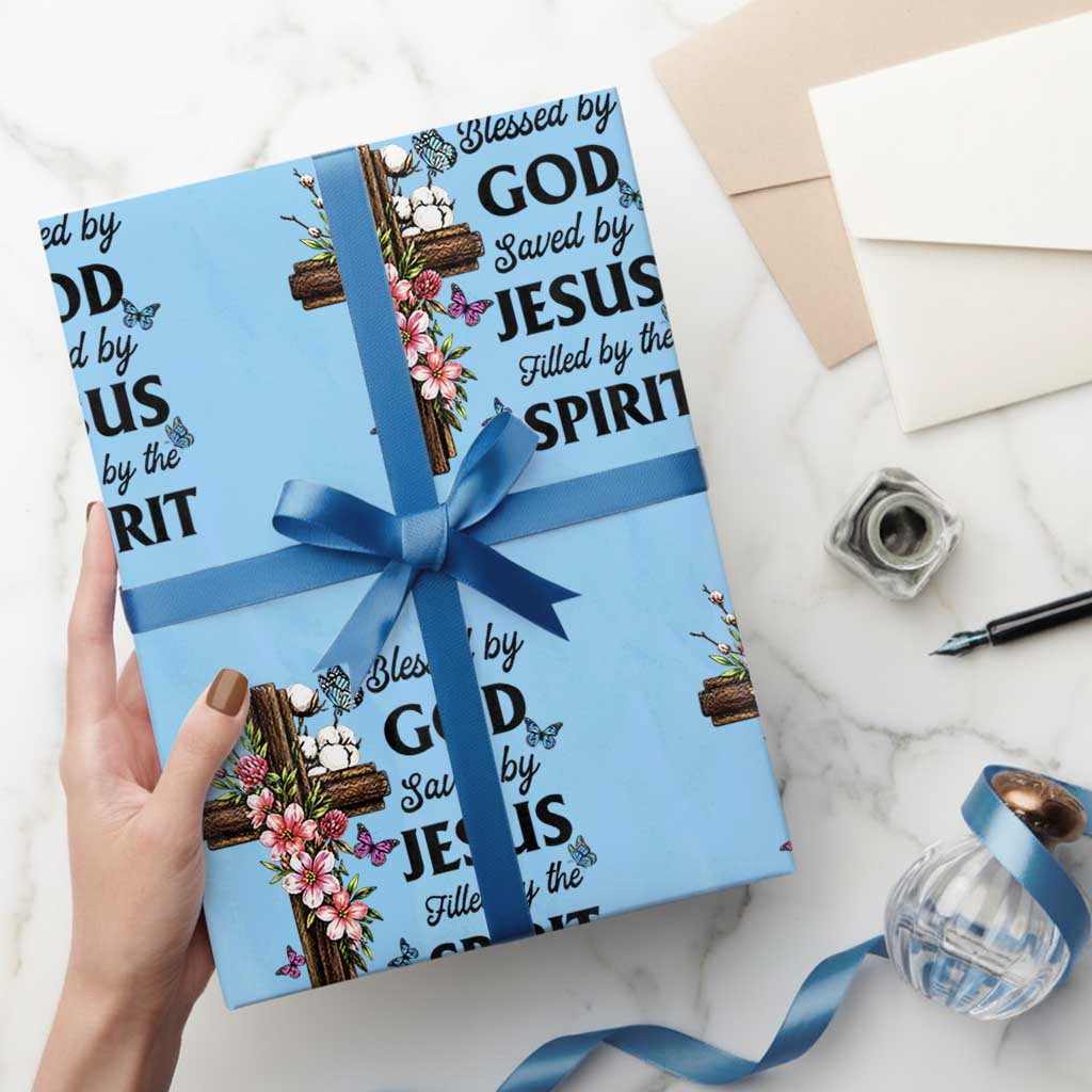 Blessed By God Saved By Jesus Wrapping Paper Roll Floral Cross Christian Faith Inspirational