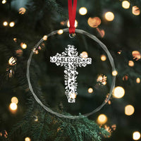 Blessed Floral Cross Christian Graphic Crystal Glass Ornament Faith Inspired Minimalist Scripture