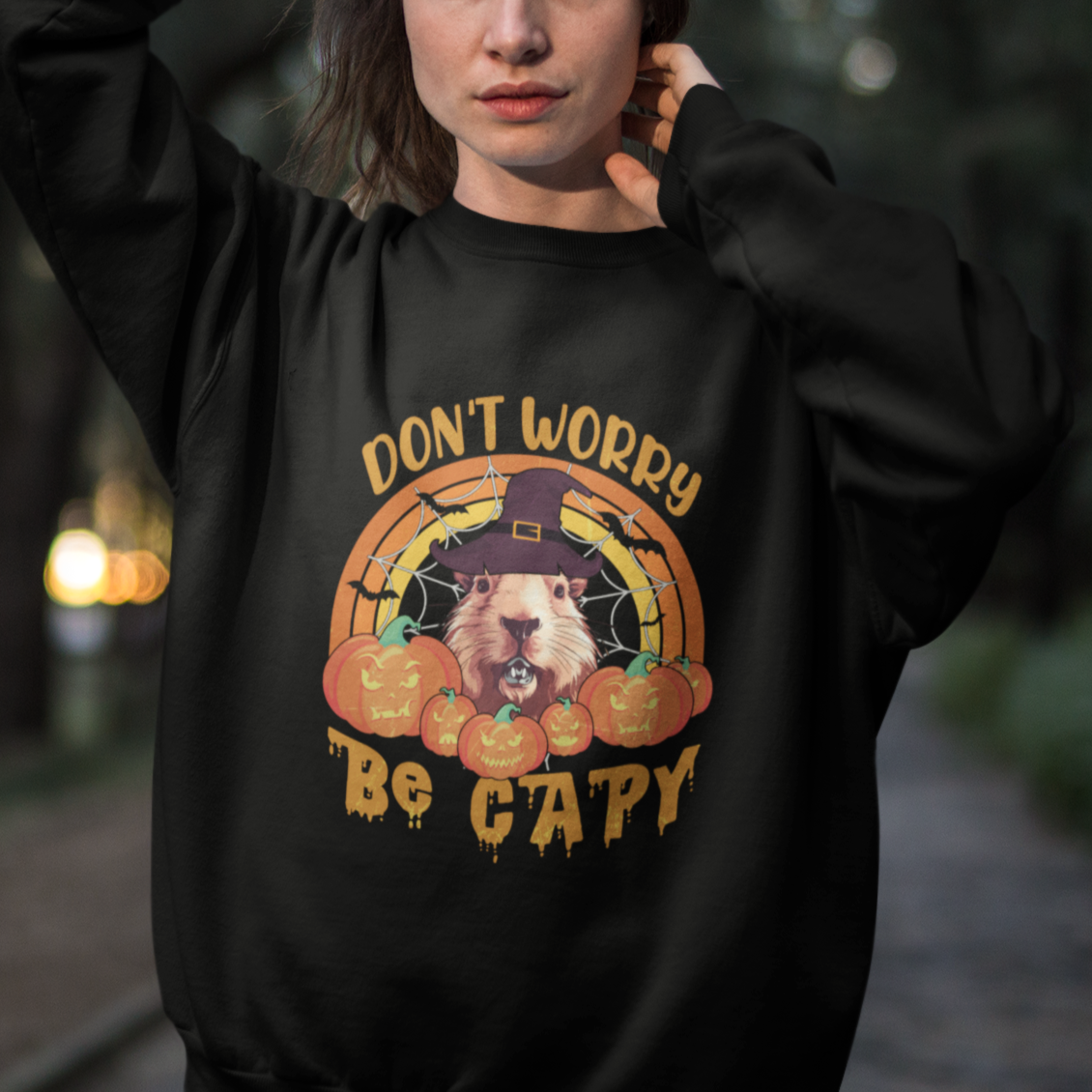 Halloween Sweatshirt Don't Worry Be Capy Funny Capybara In Halloween Costume T-Shirt for Halloween lovers, Capybara Meme, Spooky Season - Wonder Print Shop