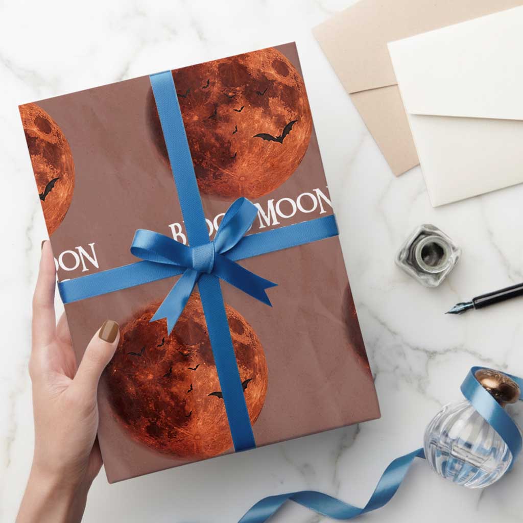 Blood Moon Is Coming Spooky Halloween Wrapping Paper Roll Flying Bats Gothic Dark Horror Graphic