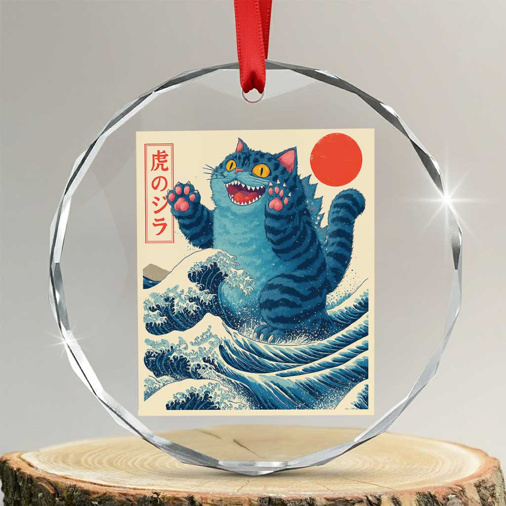 Blue Catzilla Cat Japanese Art Crystal Glass Ornament Kawaii Demon Tiger Funny Kitty Dad Gifts - Wonder Print Shop
