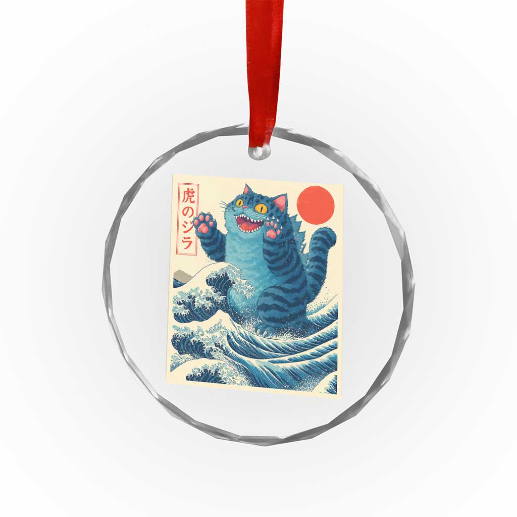 Blue Catzilla Cat Japanese Art Crystal Glass Ornament Kawaii Demon Tiger Funny Kitty Dad Gifts - Wonder Print Shop