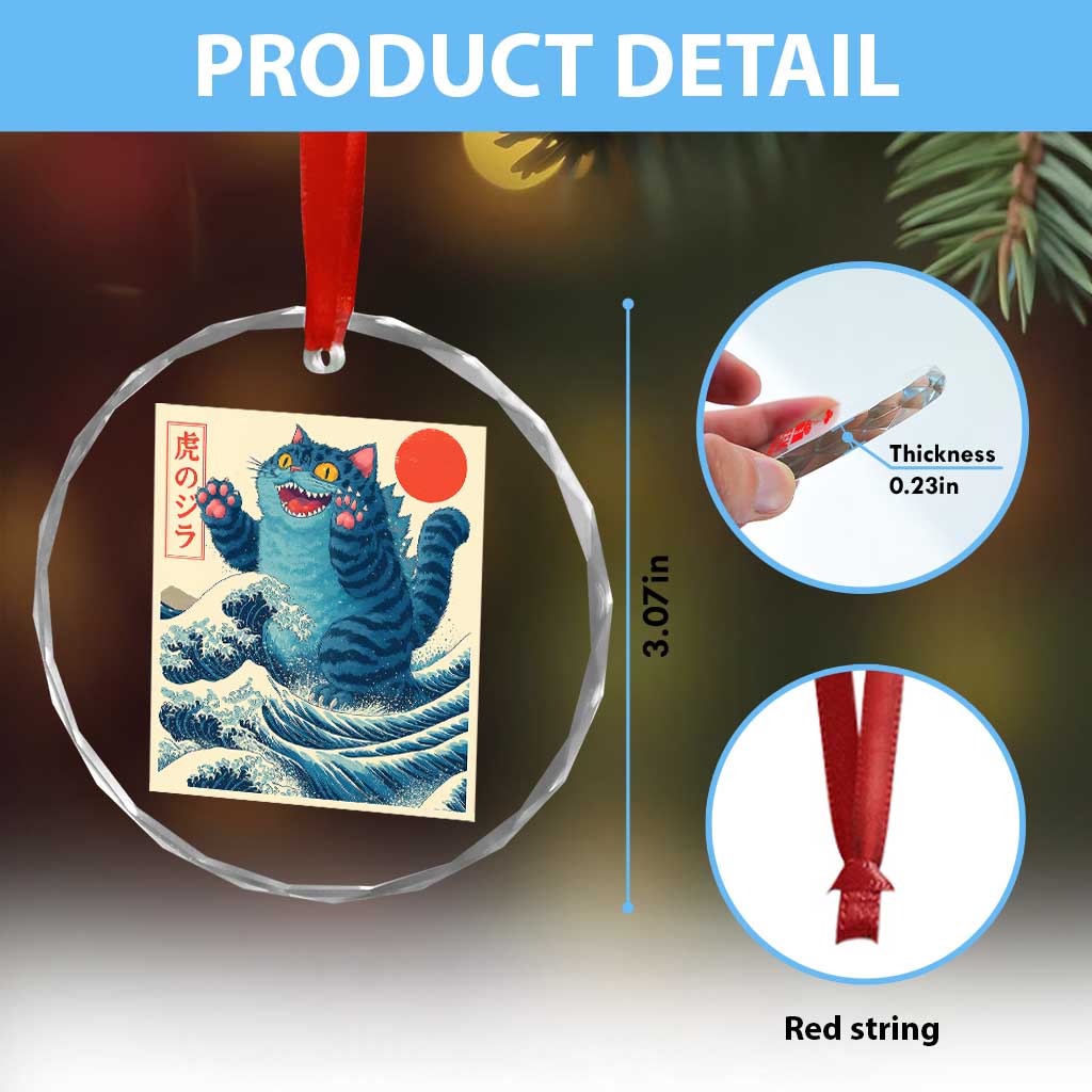 Blue Catzilla Cat Japanese Art Crystal Glass Ornament Kawaii Demon Tiger Funny Kitty Dad Gifts - Wonder Print Shop