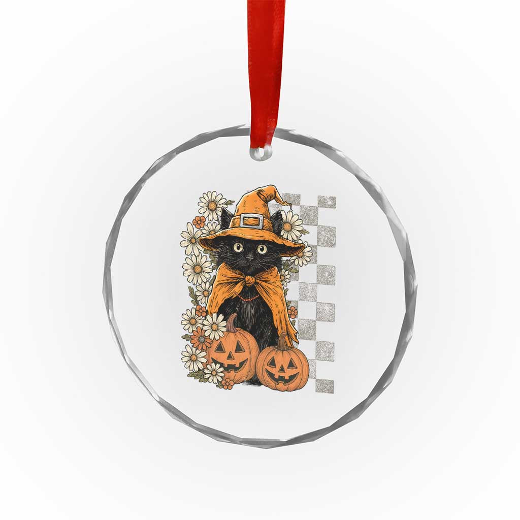 Boho Cat Wild Flowers Crystal Glass Ornament Vintage Autumn Cozy Black Cat Pumpkin Halloween