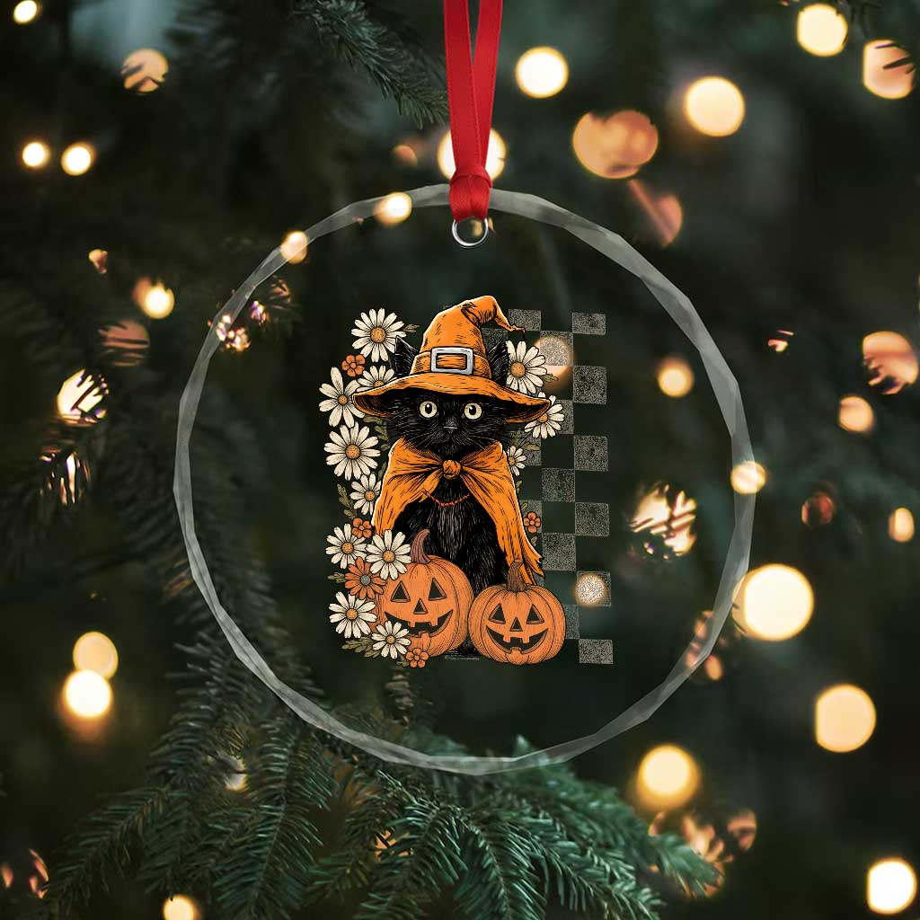 Boho Cat Wild Flowers Crystal Glass Ornament Vintage Autumn Cozy Black Cat Pumpkin Halloween