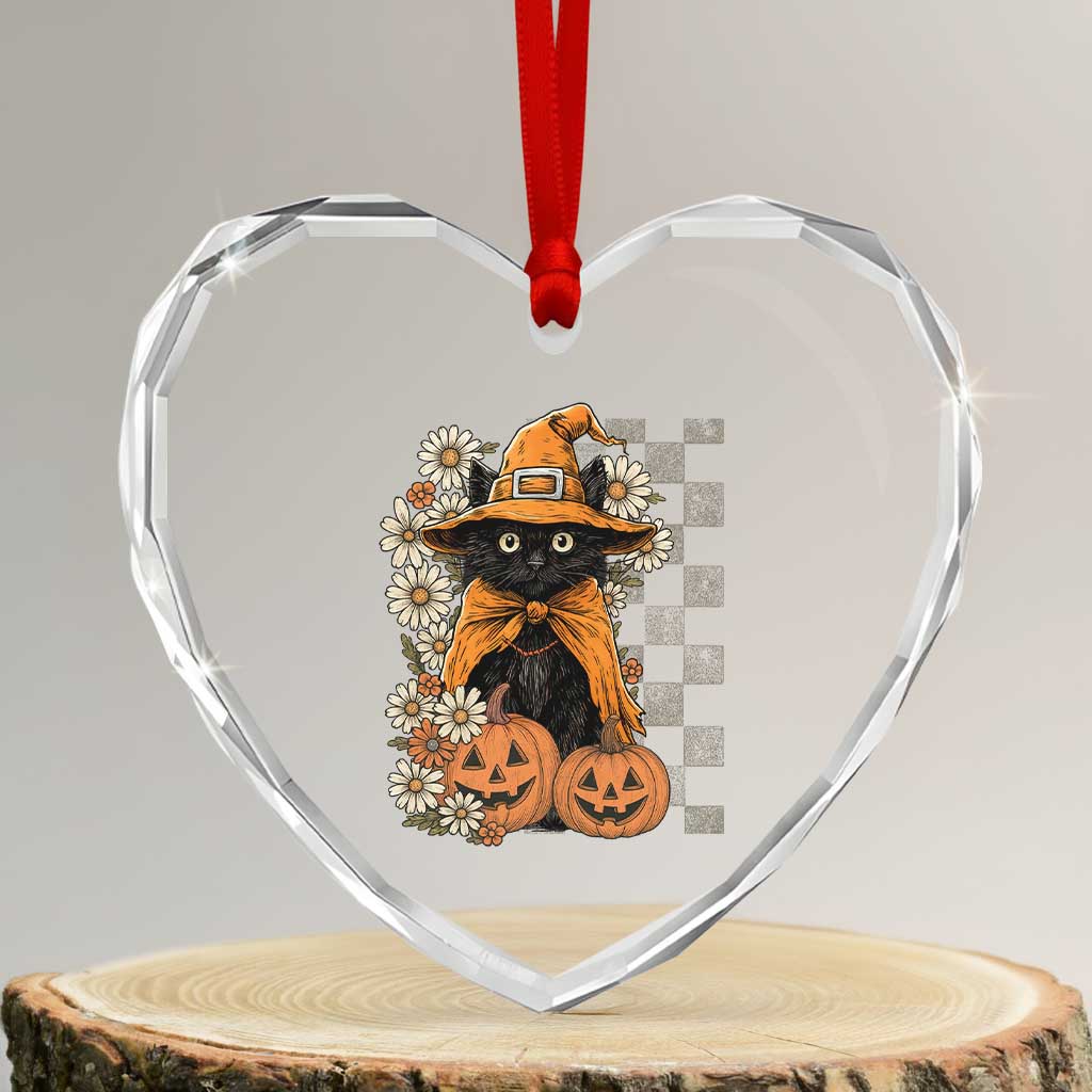 Boho Cat Wild Flowers Heart Crystal Glass Ornament Vintage Autumn Cozy Black Cat Pumpkin Halloween