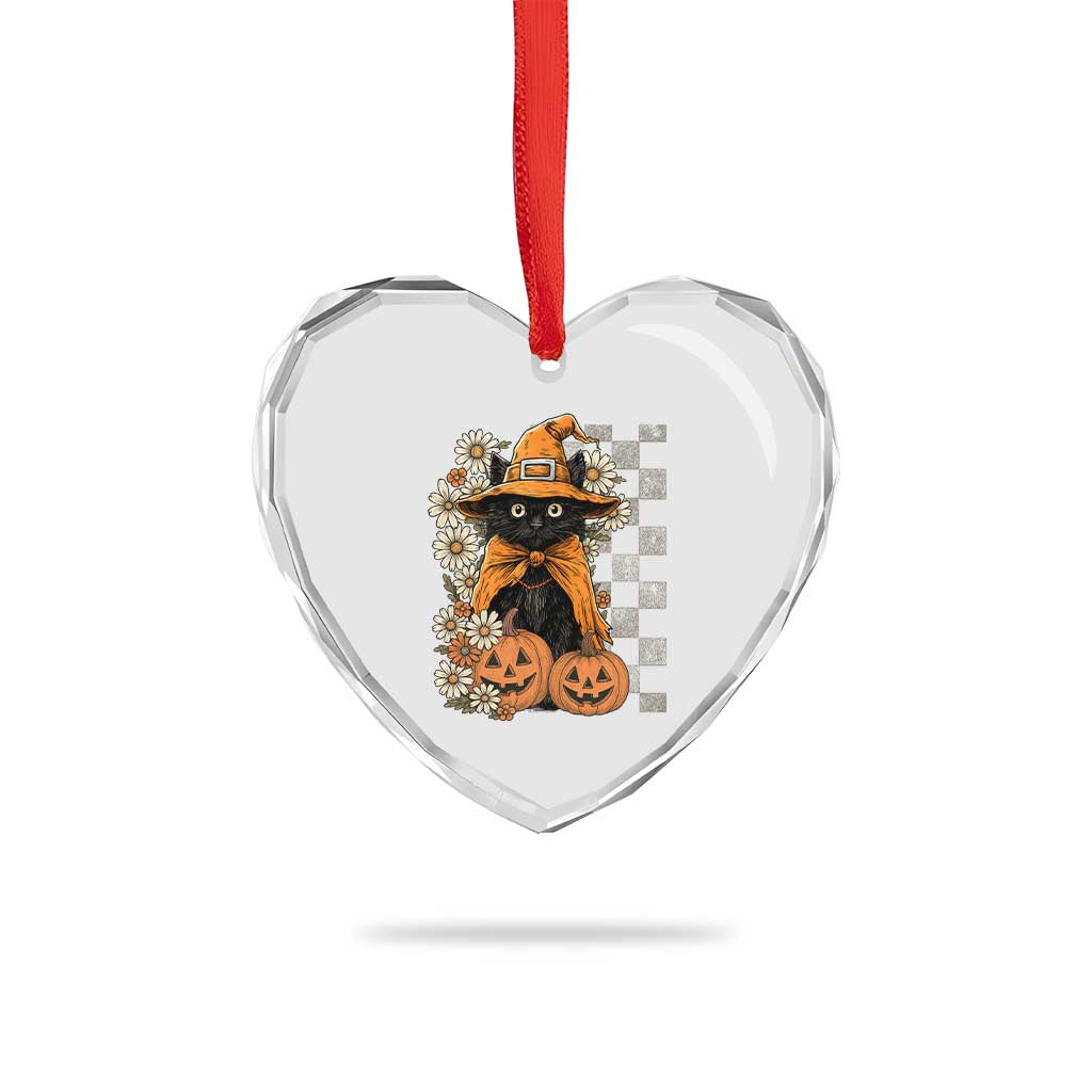 Boho Cat Wild Flowers Heart Crystal Glass Ornament Vintage Autumn Cozy Black Cat Pumpkin Halloween