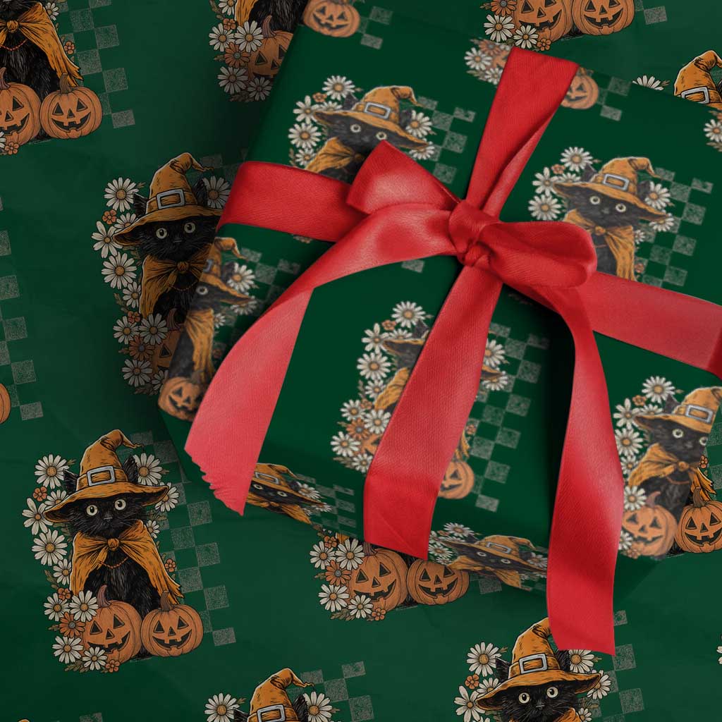 Boho Cat Wild Flowers Wrapping Paper Roll Vintage Autumn Cozy Black Cat Pumpkin Halloween