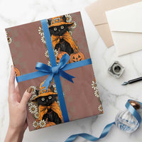 Boho Cat Wild Flowers Wrapping Paper Roll Vintage Autumn Cozy Black Cat Pumpkin Halloween