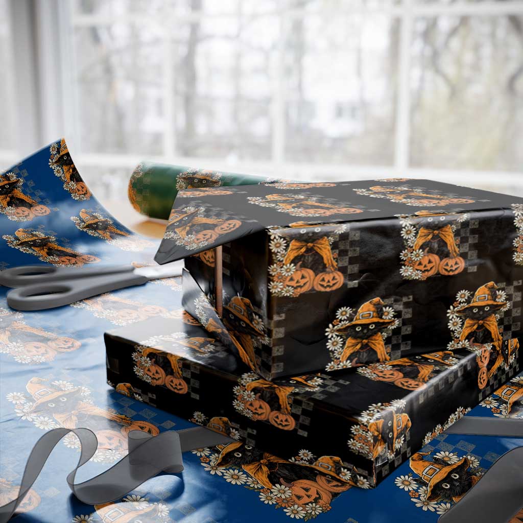 Boho Cat Wild Flowers Wrapping Paper Roll Vintage Autumn Cozy Black Cat Pumpkin Halloween