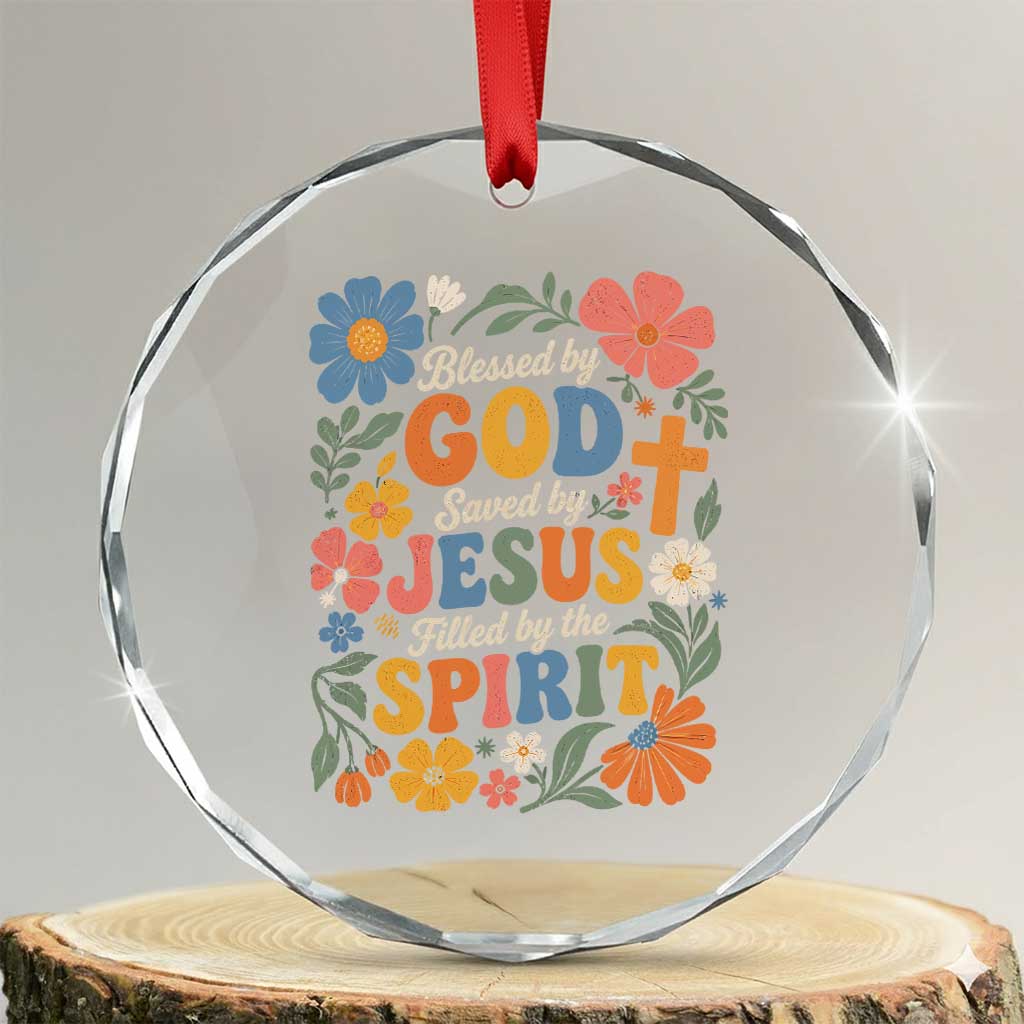 Boho Floral Christian Crystal Glass Ornament Blessed Saved By Jesus Cross Flower