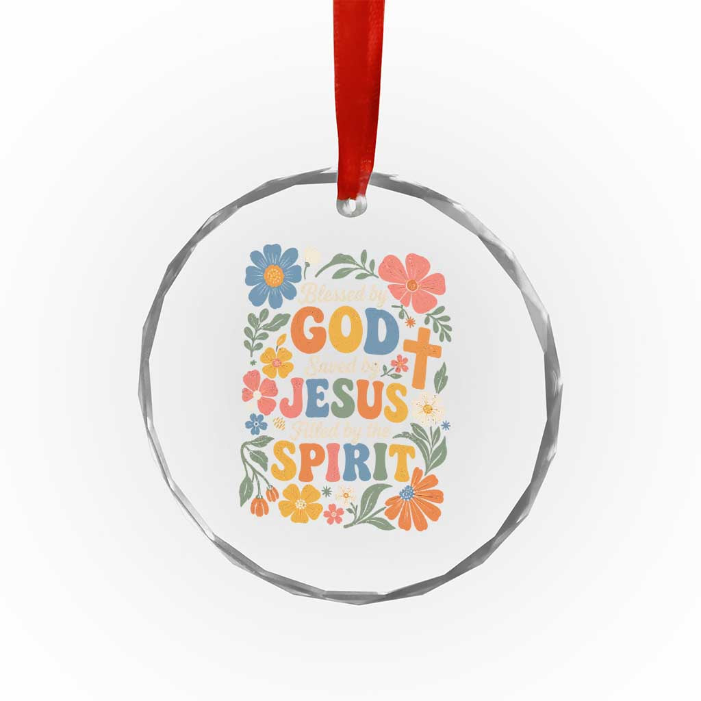 Boho Floral Christian Crystal Glass Ornament Blessed Saved By Jesus Cross Flower