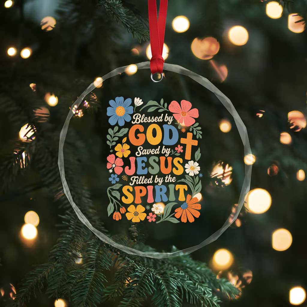 Boho Floral Christian Crystal Glass Ornament Blessed Saved By Jesus Cross Flower