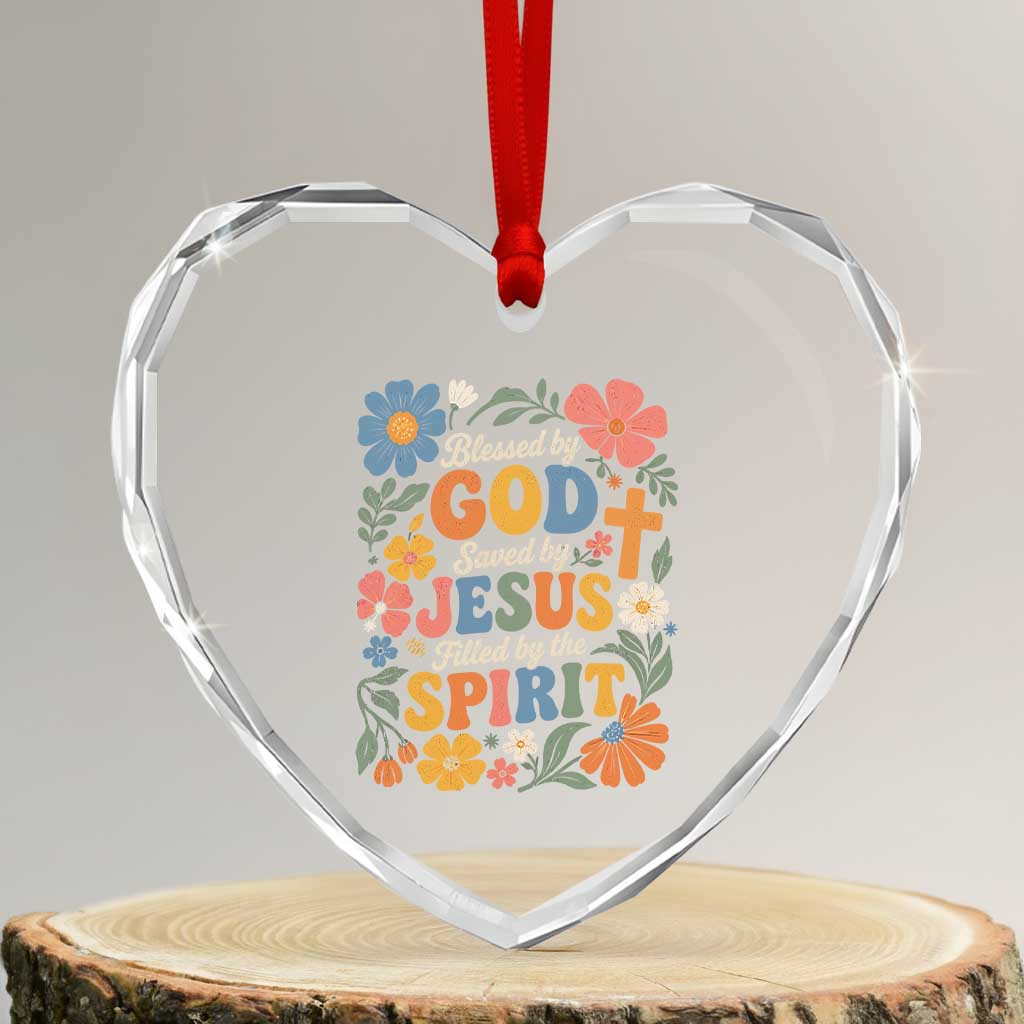 Boho Floral Christian Heart Crystal Glass Ornament Blessed Saved By Jesus Cross Flower