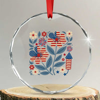 Boho Patriotic Daisy American Flag Floral Crystal Glass Ornament
