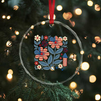 Boho Patriotic Daisy American Flag Floral Crystal Glass Ornament