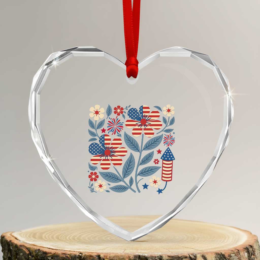 Boho Patriotic Daisy American Flag Floral Heart Crystal Glass Ornament