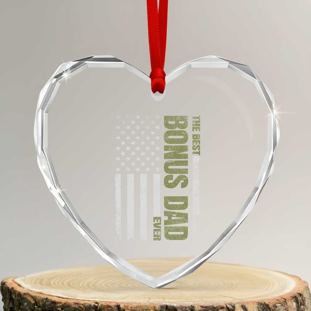 Bonus Dad Heart Crystal Glass Ornament American Flag Best Bonus Dad Ever Fathers Day