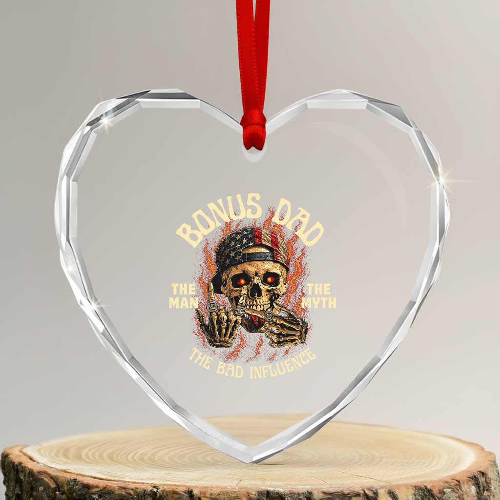 Bonus Dad Heart Crystal Glass Ornament The Man Myth Bad Influence Step Dad Vintage Skull USA Flag