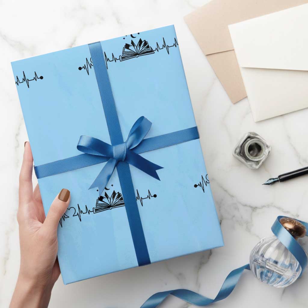 Bookaholic Heartbeat Graphic Wrapping Paper Roll Vintage Reader Lifeline Gift