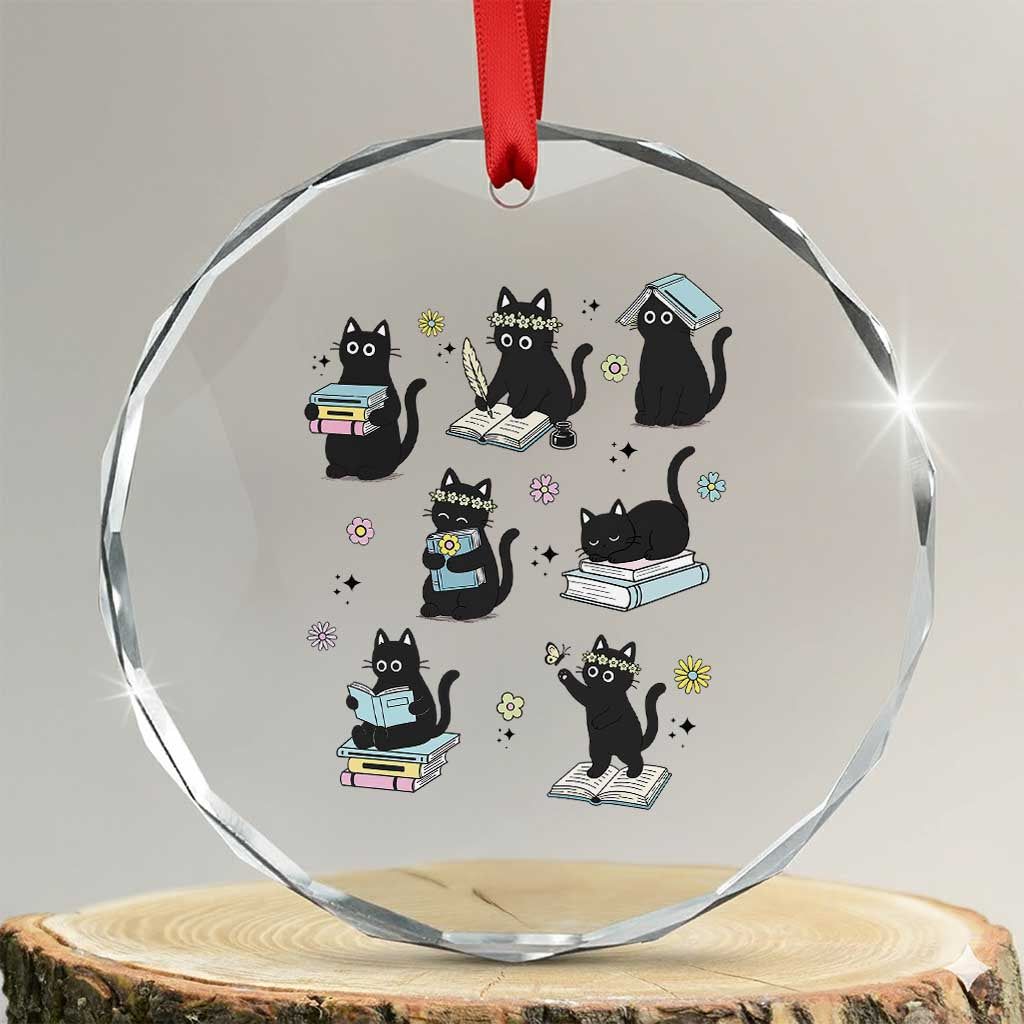 Bookish Black Cat Crystal Glass Ornament Funny Librarian Cat Lover Gift