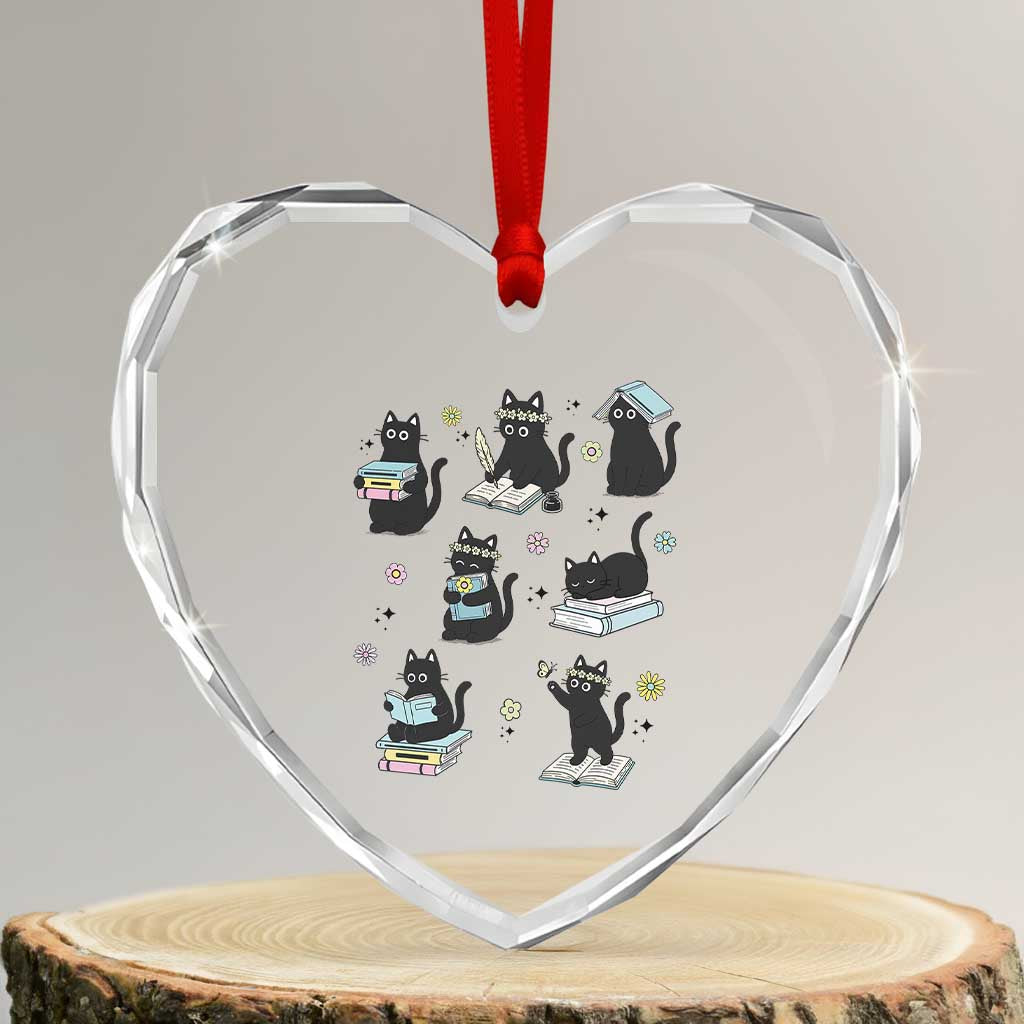 Bookish Black Cat Heart Crystal Glass Ornament Funny Librarian Cat Lover Gift