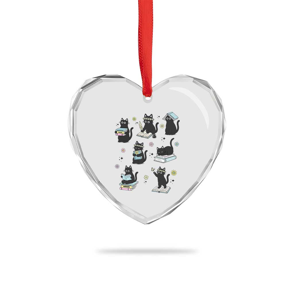 Bookish Black Cat Heart Crystal Glass Ornament Funny Librarian Cat Lover Gift