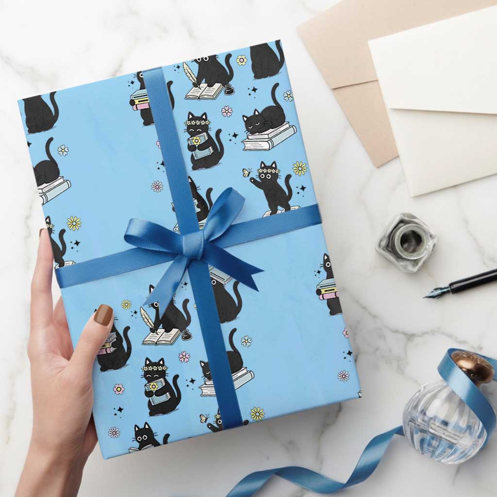 Bookish Black Cat Wrapping Paper Roll Funny Librarian Cat Lover Gift