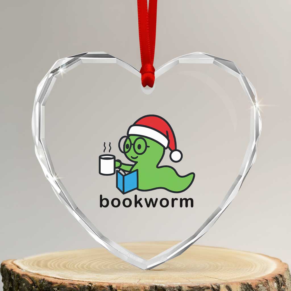 Bookworm Christmas Heart Crystal Glass Ornament Reading Book Lover - Wonder Print Shop
