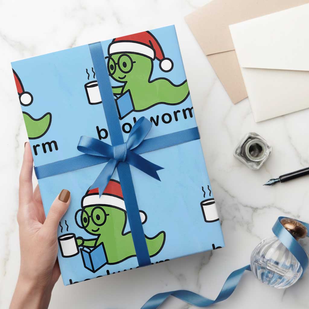 Bookworm Christmas Wrapping Paper Roll Reading Book Lover - Wonder Print Shop