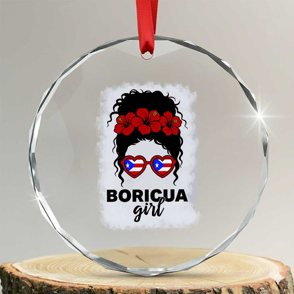 Boricua Girl Crystal Glass Ornament Messy Bun Puerto Rican Flag Hibiscus Flower TS10