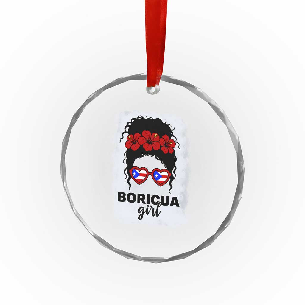 Boricua Girl Crystal Glass Ornament Messy Bun Puerto Rican Flag Hibiscus Flower TS10