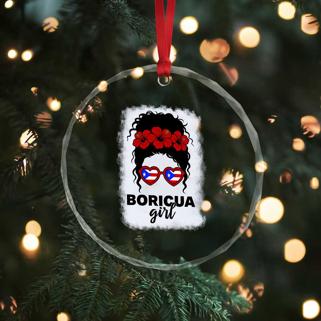Boricua Girl Crystal Glass Ornament Messy Bun Puerto Rican Flag Hibiscus Flower TS10