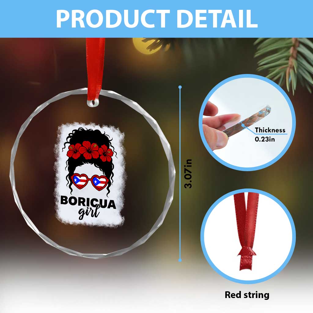 Boricua Girl Crystal Glass Ornament Messy Bun Puerto Rican Flag Hibiscus Flower TS10