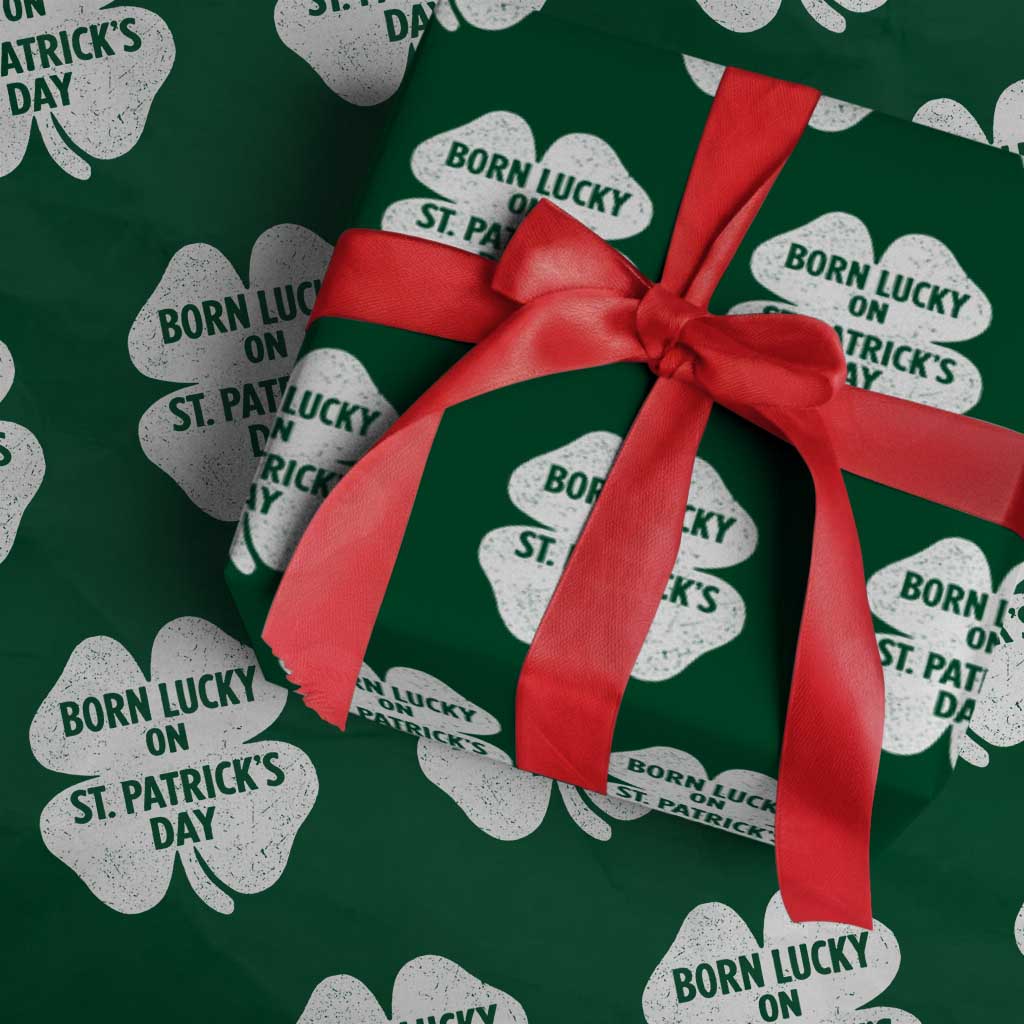 Born Lucky On St Patricks Day Wrapping Paper Roll Irish Birthday Bday Shamrock Clovers