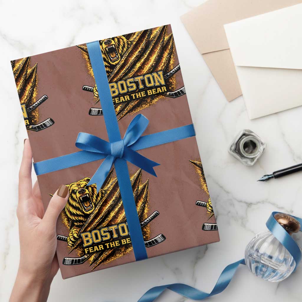 Boston Ice Hockey Wrapping Paper Roll Retro Fear The Bear Funny Sarcastic Saying