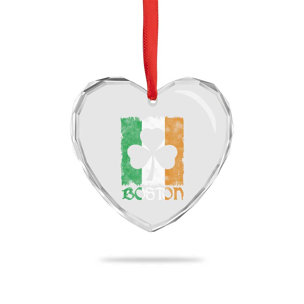 Boston St Patricks Day Heart Crystal Glass Ornament Distressed Shamrock Vintage Irish Flag