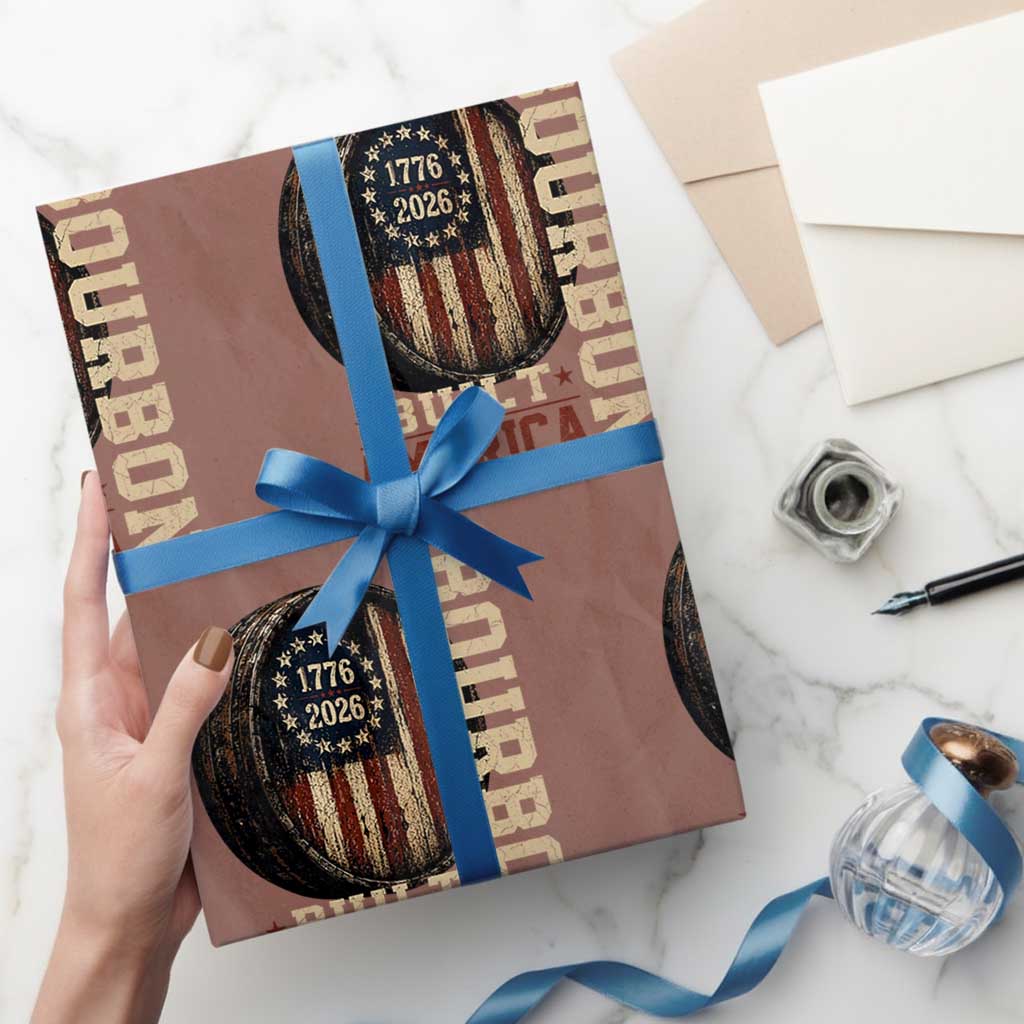 Bourbon Built America Vintage Distressed Graphic Wrapping Paper Roll American Flag Whiskey Barrel 1776 to 2026 Semiquincentennial Patriotic