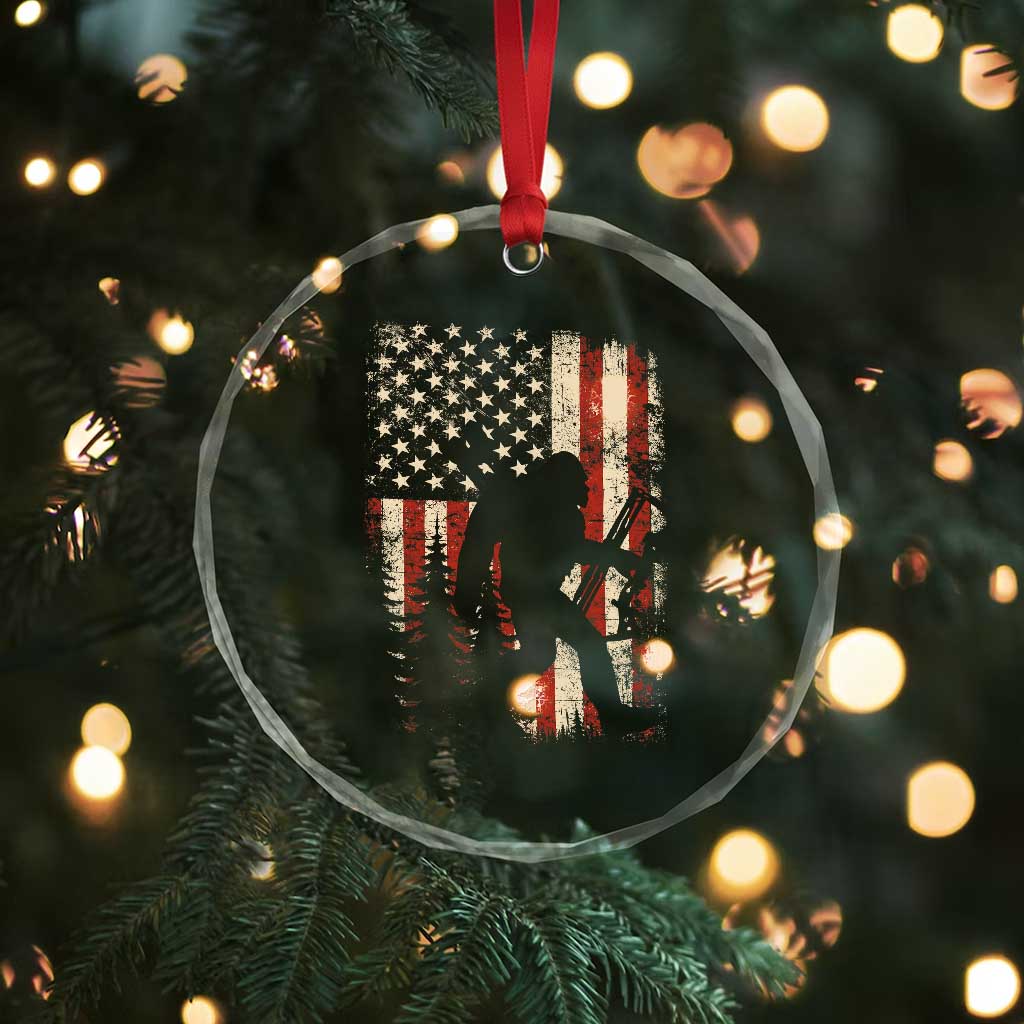 Bow Hunting Bigfoot America Flag Crystal Glass Ornament Patriotic Sasquatch With Archer Hunter Dad