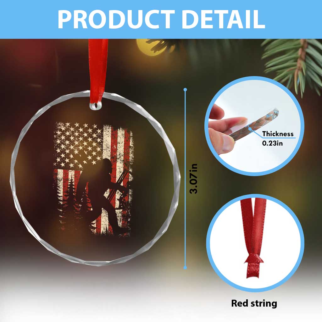 Bow Hunting Bigfoot America Flag Crystal Glass Ornament Patriotic Sasquatch With Archer Hunter Dad