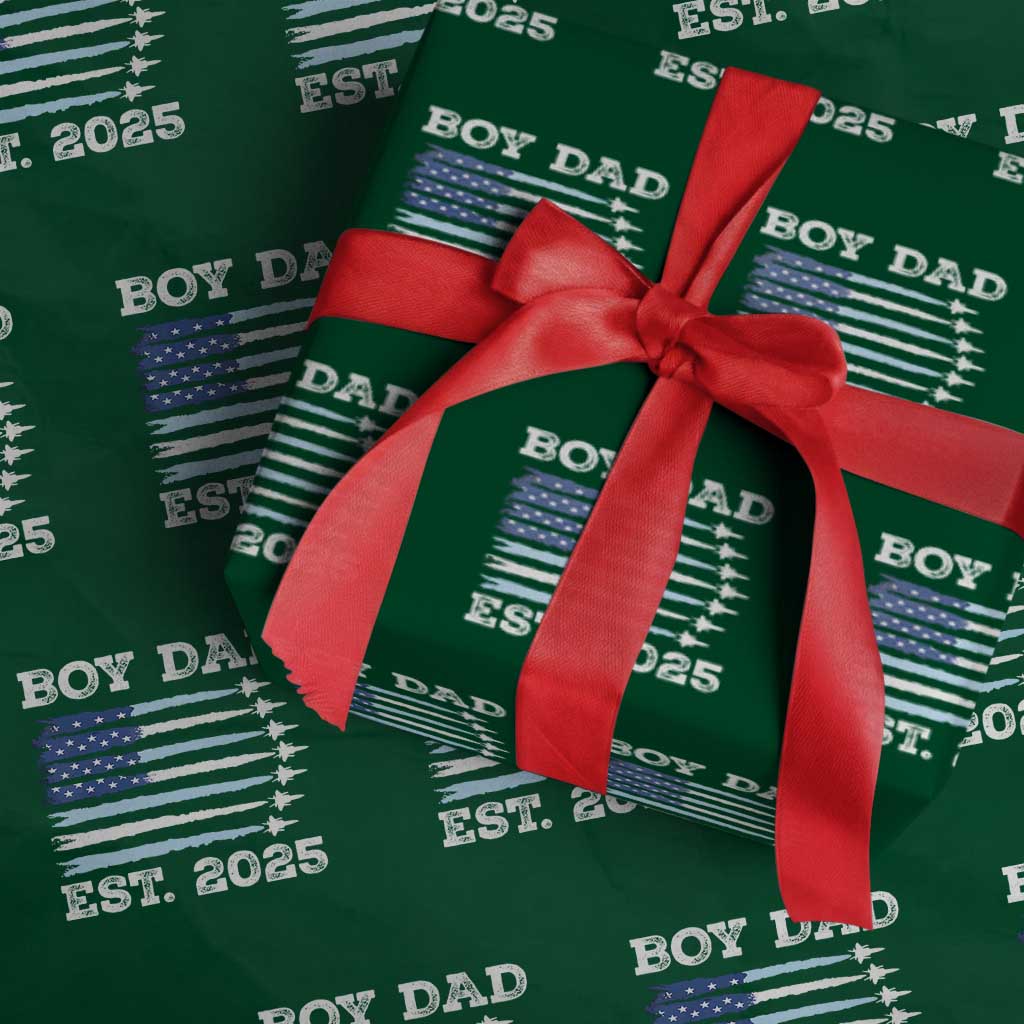 Boy Dad Est 2025 Wrapping Paper Roll Newborn Daddy Father Baby Boy Son USA Flag Fighter Jets - Wonder Print Shop