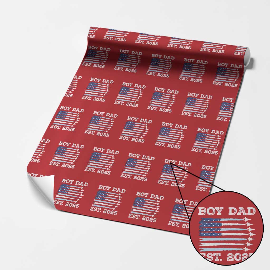 Boy Dad Est 2025 Wrapping Paper Roll Newborn Daddy Father Baby Boy Son USA Flag Fighter Jets - Wonder Print Shop