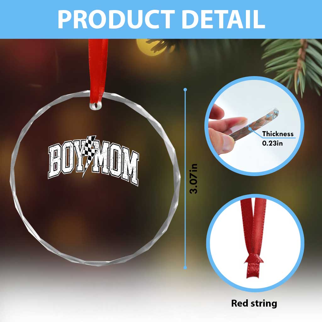 Boy Mom Lightning Bolt Checkered Varsity Son Mama Crystal Glass Ornament