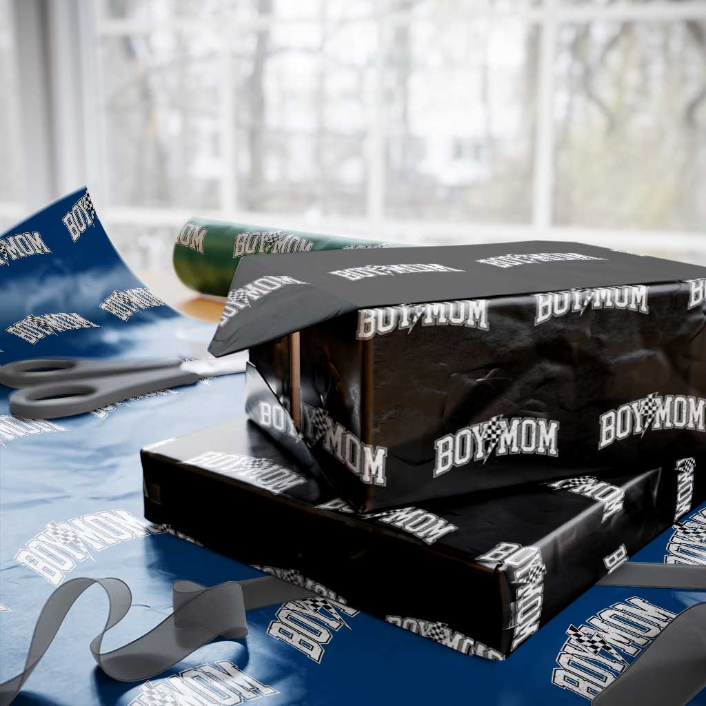 Boy Mom Lightning Bolt Checkered Varsity Son Mama Wrapping Paper Roll