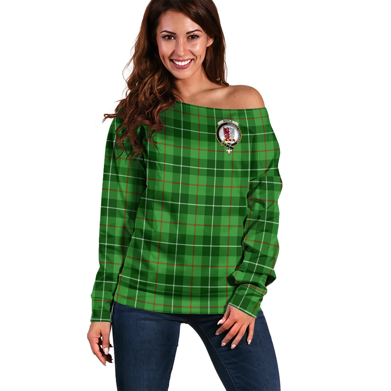 boyle-clan-tartan-off-shoulder-sweater-family-crest-sweater-for-women