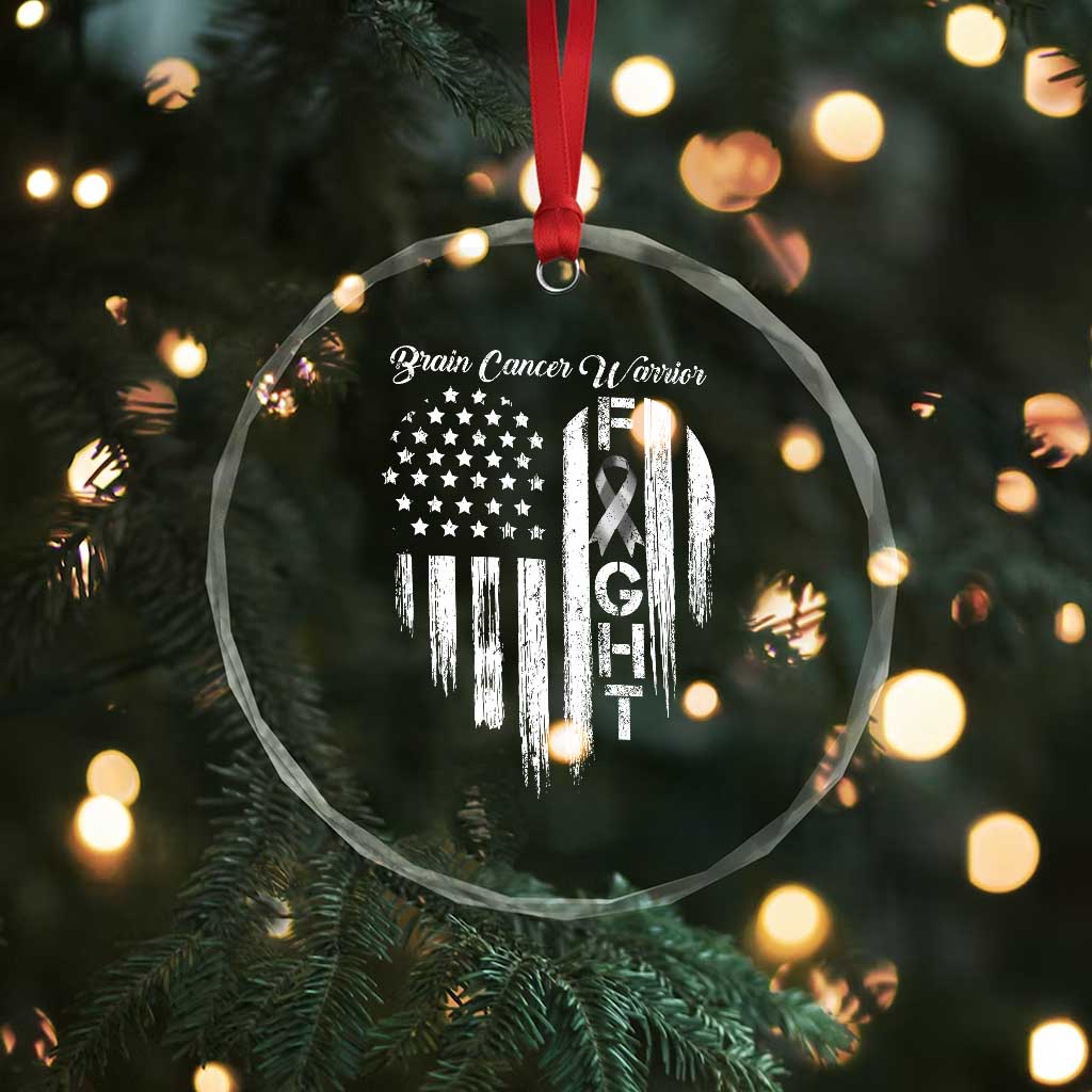 Brain Cancer Warrior Crystal Glass Ornament Fight Gray Ribbon American Flag Heart