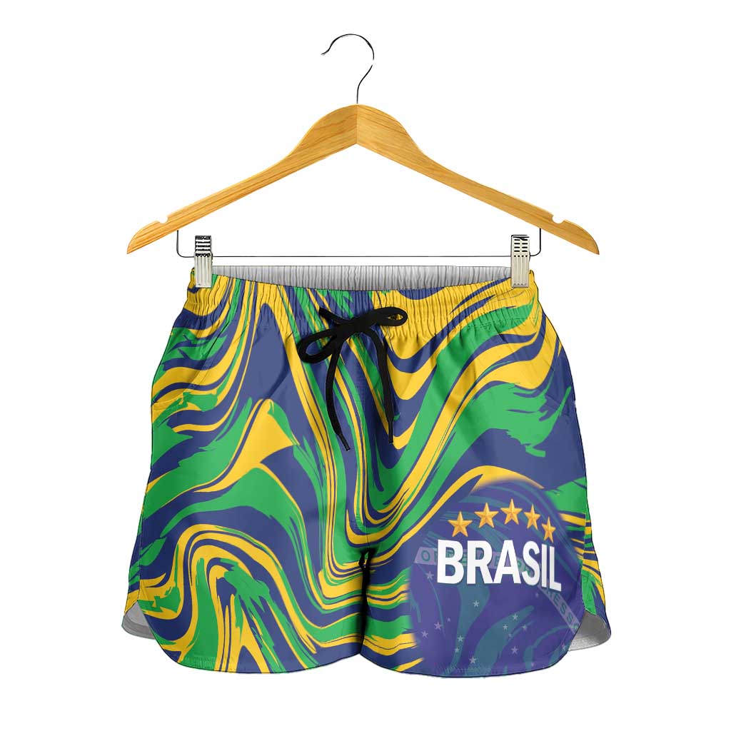 Brazil Football Shorts for Women 2026 Vamos Brasil Marble Pattern